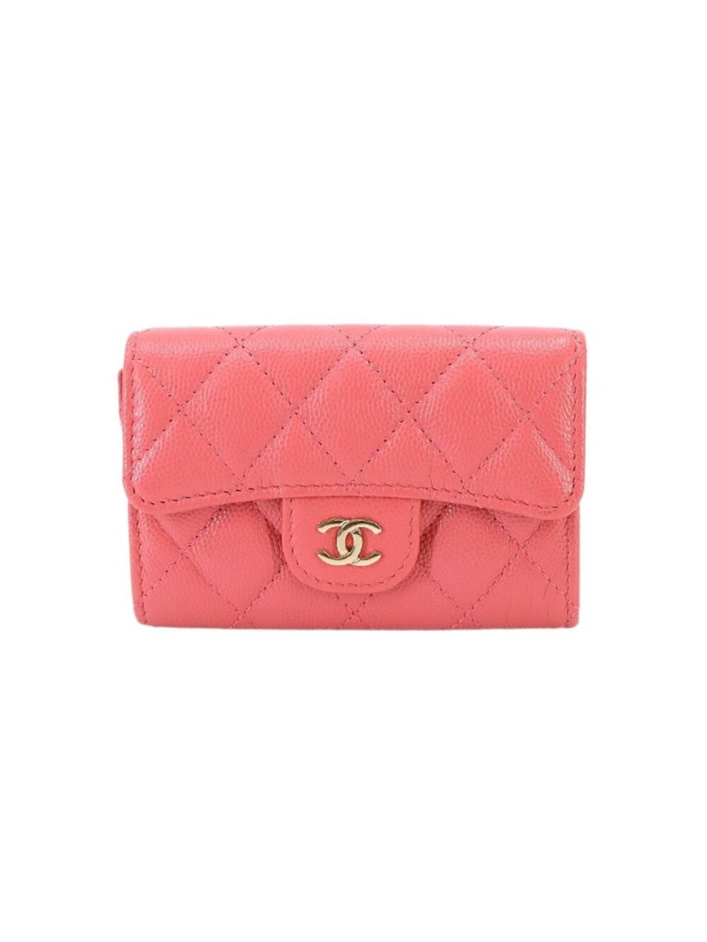 Chanel Quilted Card Case Business Caviar Leather Pink Gold CC Logo
